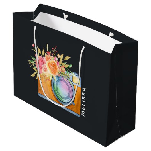 Boho Oranje Camera & Floral Bouquet Waterverf Groot Cadeauzakje (Achterkant Gekanteld)
