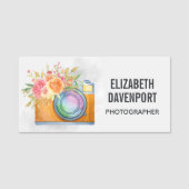 Boho Oranje Camera & Floral Bouquet Waterverf Naamplaatje (Voorkant)