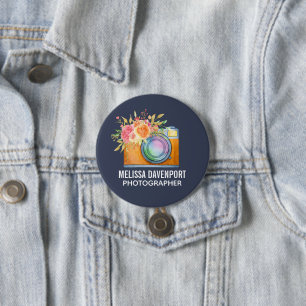 Boho Oranje Camera & Floral Bouquet Waterverf Ronde Button 7,6 Cm