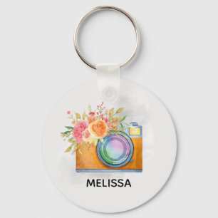 Boho Oranje Camera & Floral Bouquet Waterverf Sleutelhanger