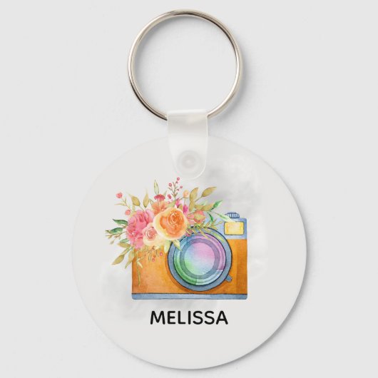 Boho Oranje Camera & Floral Bouquet Waterverf Sleutelhanger (Voorkant)