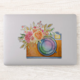 Boho Oranje Camera & Floral Bouquet Waterverf Sticker