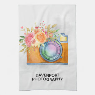 Boho Oranje Camera & Floral Bouquet Waterverf Theedoek