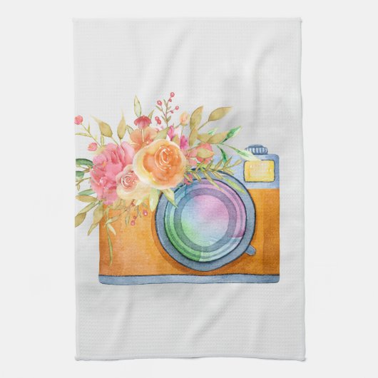 Boho Oranje Camera & Floral Bouquet Waterverf Theedoek (Verticaal)
