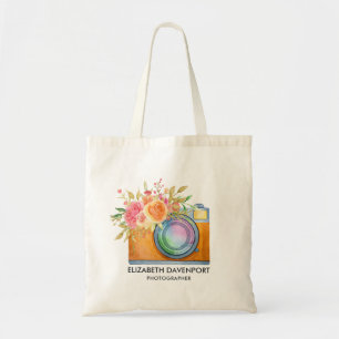Boho Oranje Camera & Floral Bouquet Waterverf Tote Bag