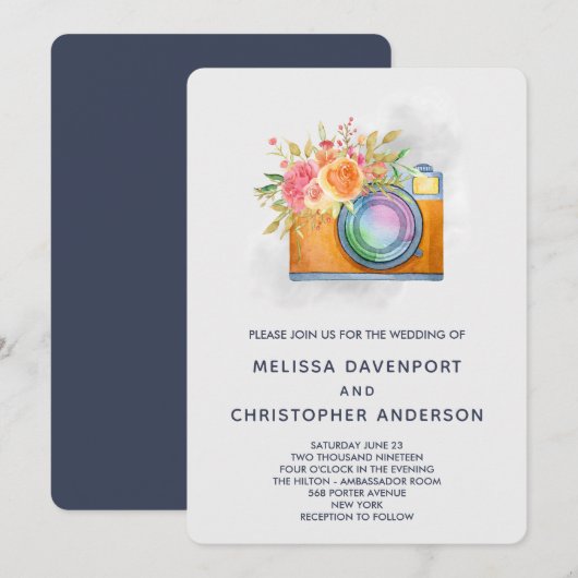 Boho Oranje Camera & Flowers Waterverf Wedding Kaart (Voorkant / Achterkant)