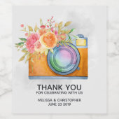Boho Oranje Camera & Flowers Waterverf Wedding Wijn Etiket (Enkel label)
