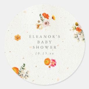 Boho Oranje Cottagecore Bloemige Baby Shower Naam Ronde Sticker