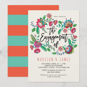 Boho Oranje en Turquoise stripe Floral Verloving Kaart