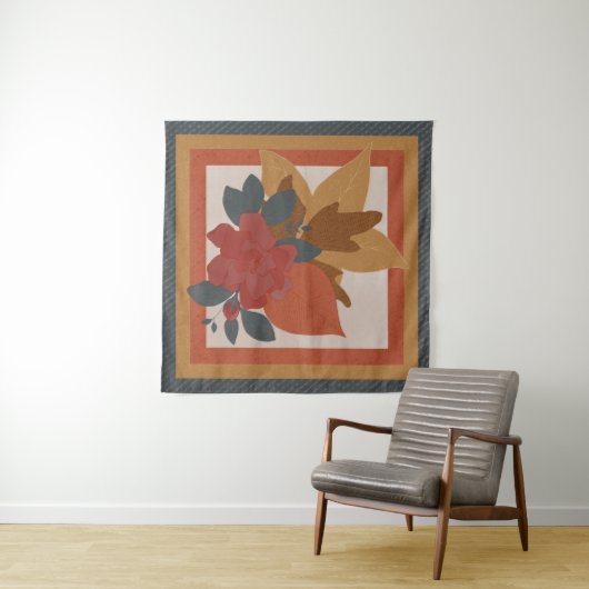 Boho Oranje Geel Blauw Rood Getextureerd Botanisch Wandkleed (In Situ (horizontaal))