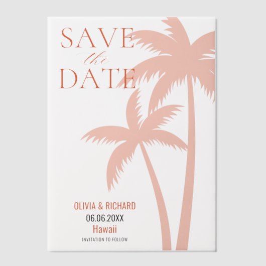Boho Oranje palmboom Bewaar de datum Vellum Uitnodigingen (Voorkant)