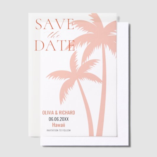Boho Oranje palmboom Bewaar de datum Vellum Uitnodigingen (Offset)