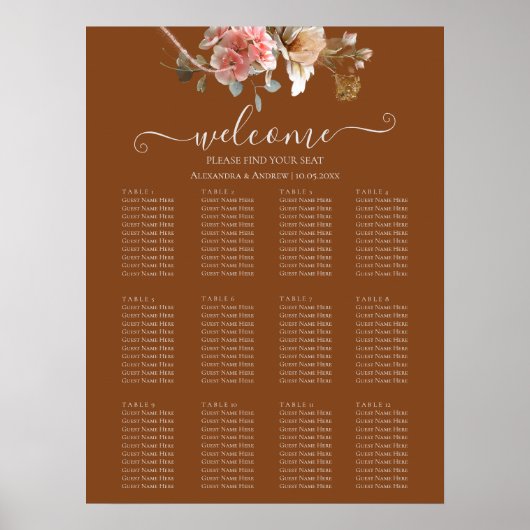 Boho Oranje Rust Fall Wedding Seding Chart Poster (Voorkant)