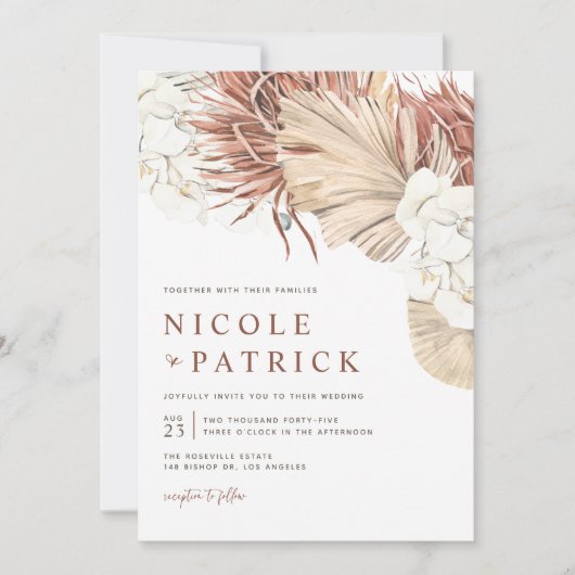 Boho Orchids en Dried Palm Leaves Wedding Kaart (Voorkant)