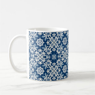 Boho Ornamentpatroon in Wit-Blauw Vintage Koffiemok