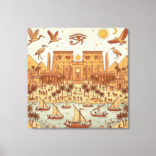Boho Oud-Egyptische Stad Illustratie-Terracotta Canvas Afdruk