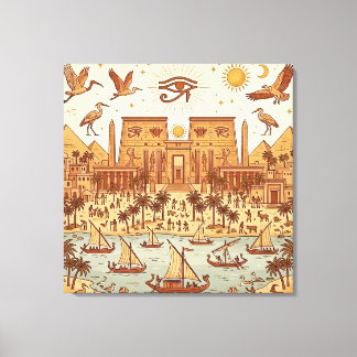 Boho Oud-Egyptische Stad Illustratie-Terracotta Canvas Afdruk