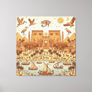 Boho Oud-Egyptische Stad Illustratie-Terracotta Canvas Afdruk