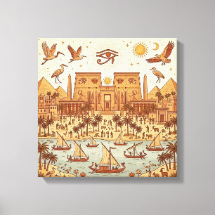 Boho Oud-Egyptische Stad Illustratie-Terracotta Canvas Afdruk