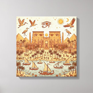 Boho Oud-Egyptische Stad Illustratie-Terracotta Canvas Afdruk