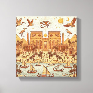 Boho Oud-Egyptische Stad Illustratie-Terracotta Canvas Afdruk
