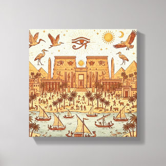 Boho Oud-Egyptische Stad Illustratie-Terracotta Canvas Afdruk