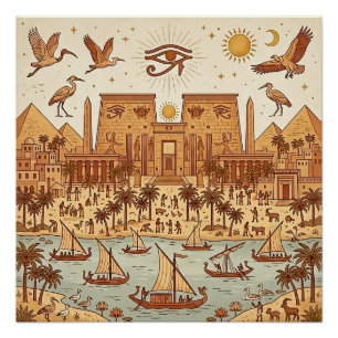 Boho Oud-Egyptische Stad Illustratie-Terracotta Perfect Poster