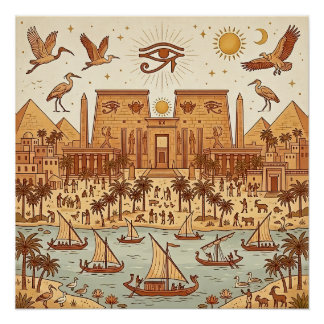 Boho Oud-Egyptische Stad Illustratie-Terracotta Perfect Poster