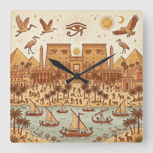 Boho Oud-Egyptische Stad Illustratie-Terracotta Vierkante Klok