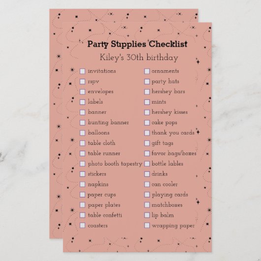 Boho oud roos verjaardagsfeestbenodigdheden checkl (Voorkant / Achterkant)