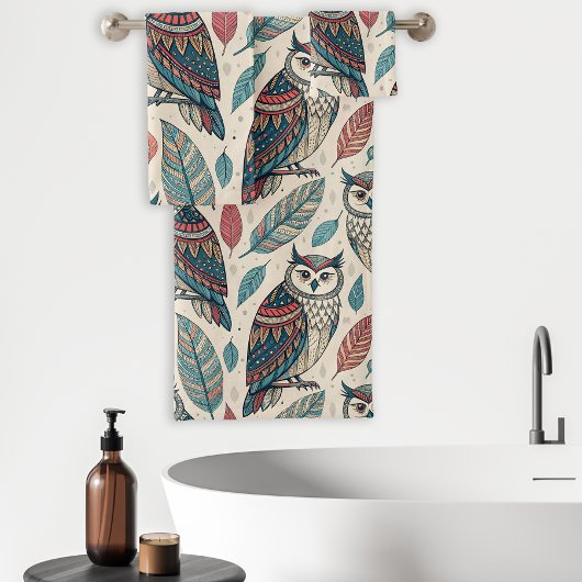 Boho Owl Feuille Motif rouille Turquoise Beige