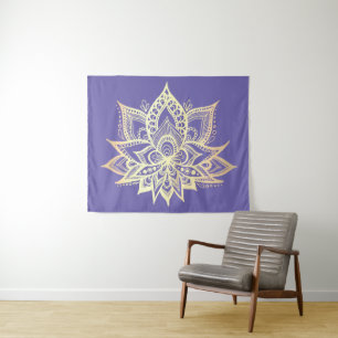 Boho Paars Gold Lotus Flower Mandala Art Wandkleed