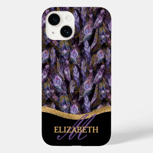 Boho Paars Peacock Feathers Monogram Case-Mate iPhone Case (Achterkant)