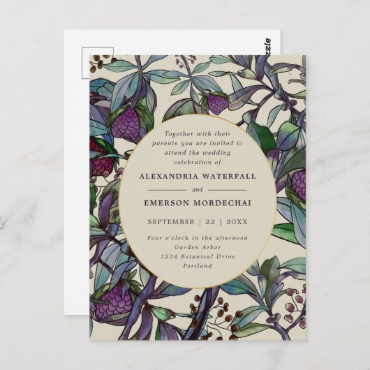 Boho paarse bloemen groen blad huwelijksuitnodigin briefkaart (Voorkant / Achterkant)