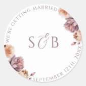 Boho Paarse Bloemen Ronde bruiloft Sticker Initial (Voorkant)