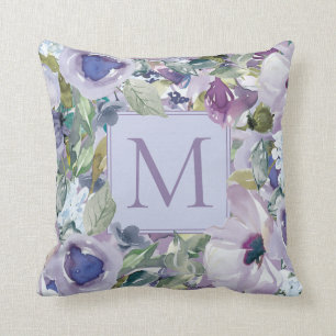 Boho Paarse Dusty Blue Waterverf Floral Monogram Kussen
