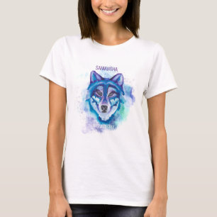 Boho Paarse en BLue Waterverf Wolf Gift voor haar T-shirt