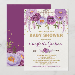 Boho Paarse Floral Dreamcatcher Baby shower Kaart