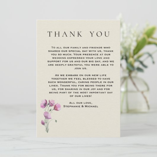 Boho Paarse Floral en Antiek papieren bruiloft Bedankkaart (Staand voorkant)