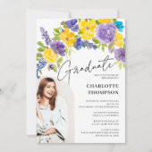 Boho paarse geel bloemenfoto afstuderen kaart (Voorkant)