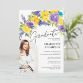 Boho paarse geel bloemenfoto afstuderen kaart (Staand voorkant)
