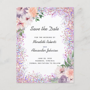 Boho Paarse Peach Floral Glitter Save the Date Ann Aankondigingskaart
