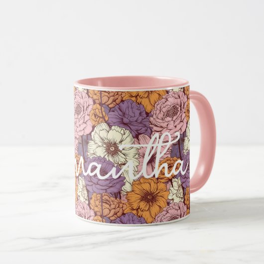 Boho Paarse Roze Wilde Bloemen Bloemen Aangepaste  Mok (Voorkant rechts)