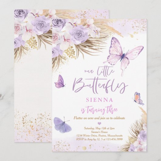 Boho Paarse Vlinder Pampas Gras Verjaardagsfeestje Kaart (Voorkant / Achterkant)