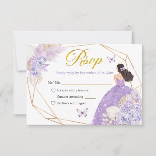 Boho Paarse vlinder Princesa Quinceañera RSVP Kaartje (Voorkant)