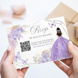 Boho Paarse zilveren bloemvlinder Quinceañera QR RSVP Kaartje