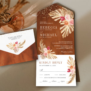 Boho Palm Aardse Bloemige Pampas Terracotta Bruilo All In One Uitnodiging