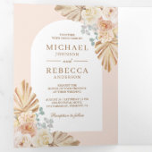 Boho Palm Dusty Earthy Floral Arch QR Code Weddens Drieluik Uitnodiging (Binnenzijde eerst)