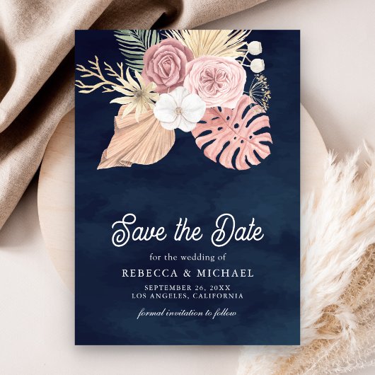 Boho Palm Dusty Pink Roses Navy Blue Wedding Save The Date
