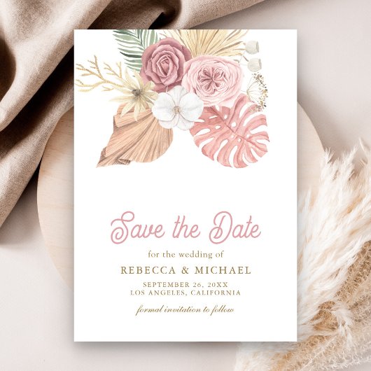 Boho Palm Dusty Pink Roses Wedding Save The Date